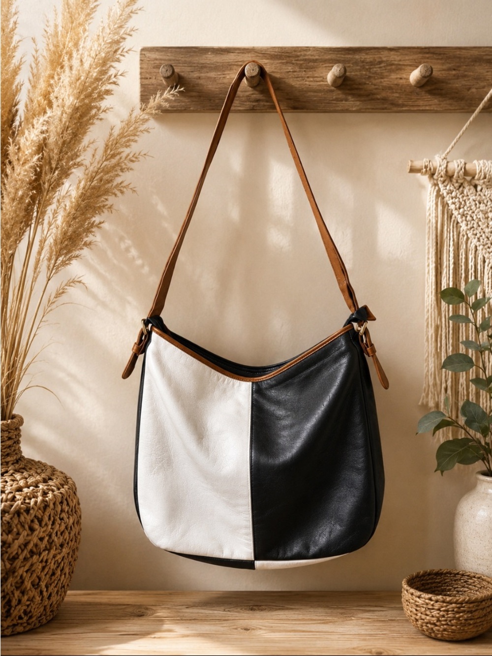 Adrienne Vittadini leather Navy and White Two-Tone Hobo with Tan Strap
